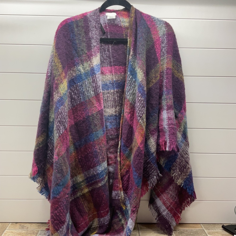 Studio Womens Purple Multi Plaid Fringed Open Front Poncho Wrap One Size OS